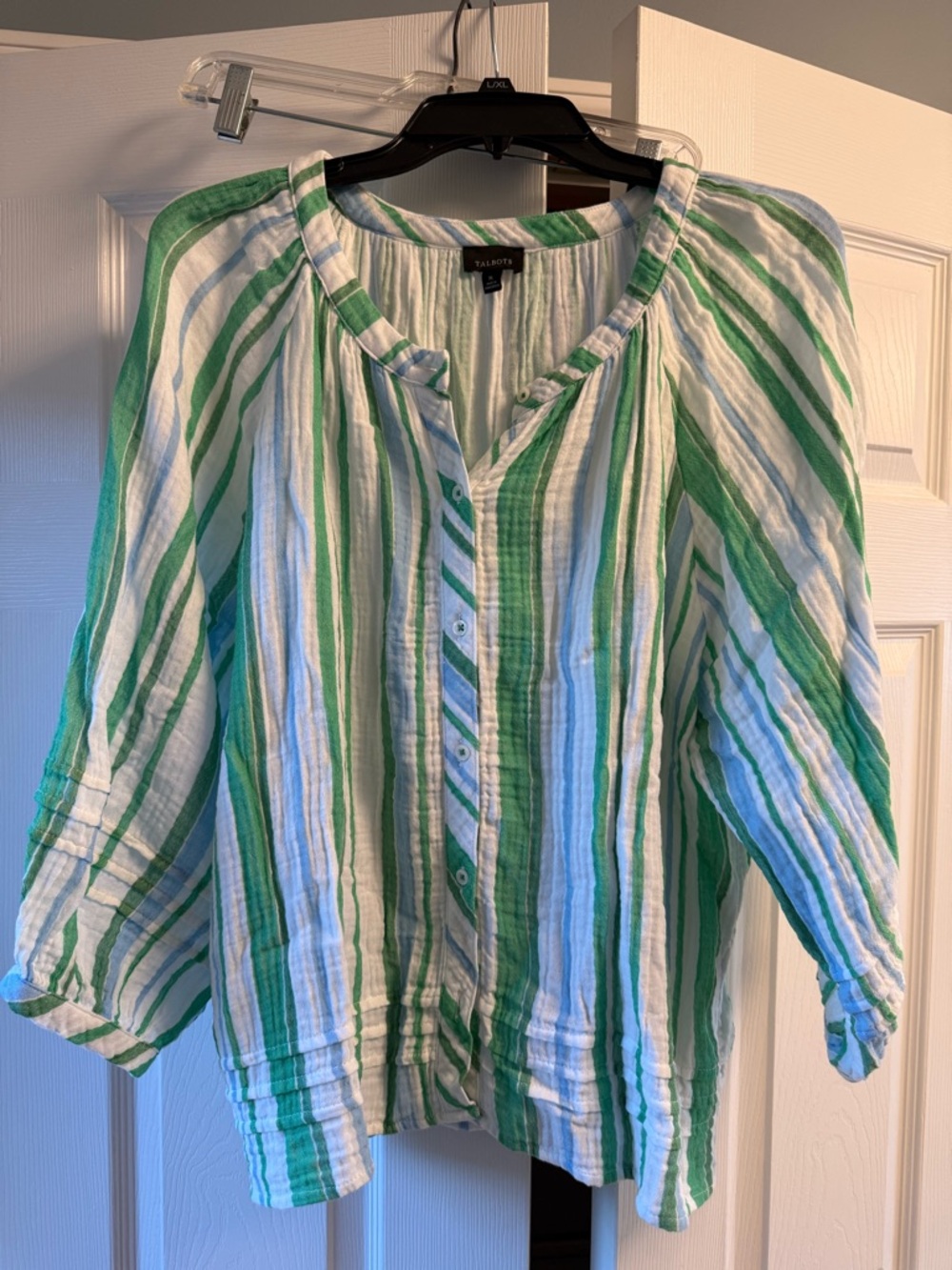 Talbots Green and White Striped Button-Up gauze 3/4 sleeve Blouse